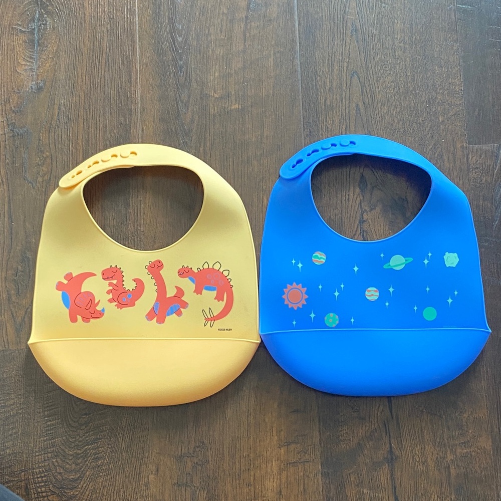 Nuby Silicone Baby Bib Set Yellow Dino & Blue Space